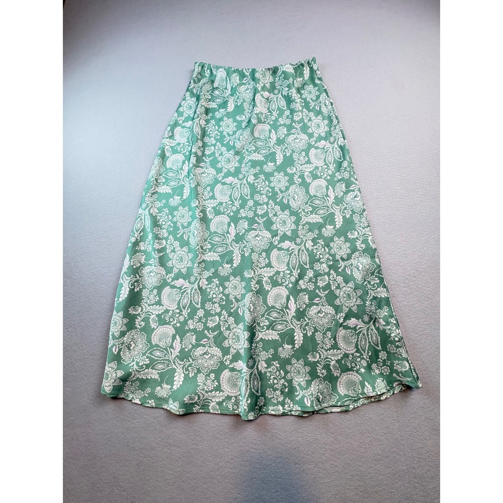NLT Green Floral Paisley Midi Skirt Womens Medium Elastic Waist Made in USA
